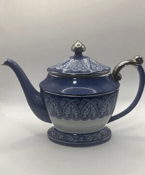 Vintage Bombay Co Blue & White Porcelain Teapot - Arabesque Tile & Platinum Trim